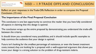 NSEI – 1.9 TRADE OFFS AND CONCLUSION
Reflect on your responses in theTrade-Offs Reflection in order to compose the Proposal
Conclusion. (15 min)
This conclusion is one last opportunity to convince the reader that you have fully considered
all aspects in claiming that this design is optimal.
The conclusion wraps up the entire proposal by demonstrating you understand the trade-offs
between the criteria.
The importance of the Final Proposal Conclusion
It should show you considered many possibilities, and it should include specific examples to
help convince the audience that your design is optimal.
Futura isn’t looking for the smallest percentage of resistance, or even the lowest treatment
costs; instead, they are looking for a proposal with a well-supported argument that shows you
know your design is a strong solution to the problem of drug-resistant malaria.
 