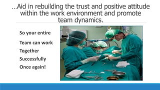 …Aid in rebuilding the trust and positive attitude
within the work environment and promote
team dynamics.
So your entire
Team can work
Together
Successfully
Once again!
 