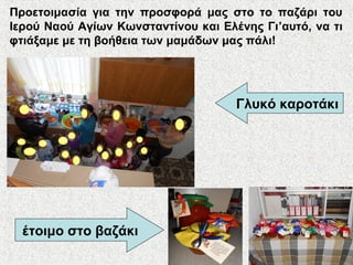 Προετοιμασία για την προσφορά μας στο το παζάρι του
Ιερού Ναού Αγίων Κωνσταντίνου και Ελένης Γι’αυτό, να τι
φτιάξαμε με τη βοήθεια των μαμάδων μας πάλι!
Γλυκό καροτάκι
έτοιμο στο βαζάκι
 