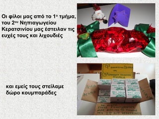 Οι φίλοι μας από το 1ο
τμήμα,
του 2ου
Νηπιαγωγείου
Κερατσινίου μας έστειλαν τις
ευχές τους και λιχουδιές
και εμείς τους στείλαμε
δώρο κουμπαράδες
 
