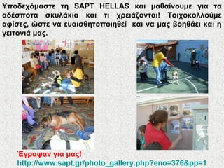 Υποδεχόμαστε τη SAPT HELLAS και μαθαίνουμε για τα
αδέσποτα σκυλάκια και τι χρειάζονται! Τοιχοκολλούμε
αφίσες, ώστε να ευαισθητοποιηθεί και να μας βοηθάει και η
γειτονιά μας.
Έγραψαν για μας!
http://www.sapt.gr/photo_gallery.php?eno=376&pp=1
 