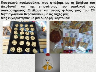 Πασχαλινά κουλουράκια, που φτιάξαμε με τη βοήθεια του
Διευθυντή και της επιστάτριας του σχολικού μας
συγκροτήματος. Στείλαμε και στους φίλους μας του 2ου
Νηπιαγωγείου Κερατσινίου, με τις ευχές μας.
Μας ευχαρίστησαν με μια όμορφη καρτούλα!
 