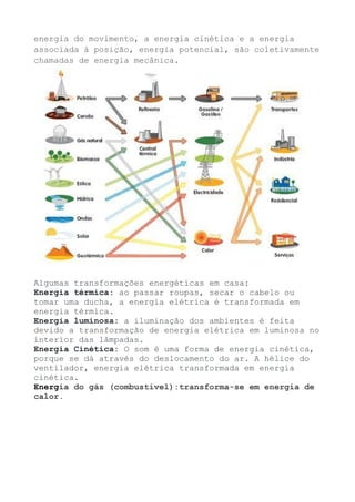 energia do movimento, a energia cinética e a energia
associada à posição, energia potencial, são coletivamente
chamadas de energia mecânica.
Algumas transformações energéticas em casa:
Energia térmica: ao passar roupas, secar o cabelo ou
tomar uma ducha, a energia elétrica é transformada em
energia térmica.
Energia luminosa: a iluminação dos ambientes é feita
devido a transformação de energia elétrica em luminosa no
interior das lâmpadas.
Energia Cinética: O som é uma forma de energia cinética,
porque se dá através do deslocamento do ar. A hélice do
ventilador, energia elétrica transformada em energia
cinética.
Energia do gás (combustível):transforma-se em energia de
calor.
 