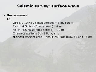 Seismic survey: surface wave
• Surface wave
L1
256 ch. 10 Hz z (fixed spread) – 2 m, 510 m
24 ch. 4.5 Hz z (fixed spread) - 4 m
48 ch. 4.5 Hz z (fixed spread) – 10 m
2 remote stations 3ch 1 Hz x, y, z
9 shots (weight drop – about 240 Kg; H=6, 10 and 14 m)

 