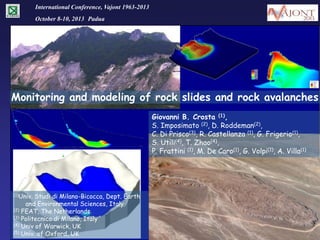International Conference, Vajont 1963-2013
October 8-10, 2013 Padua

Monitoring and modeling of rock slides and rock avalanches
Giovanni B. Crosta (1),
S. Imposimato (2), D. Roddeman(2),
C. Di Prisco(3), R. Castellanza (1), G. Frigerio(1),
S. Utili(4), T. Zhao(4),
P. Frattini (1), M. De Caro(1), G. Volpi(1), A. Villa(1)

(1)Univ.

Studi di Milano-Bicocca, Dept. Earth
and Environmental Sciences, Italy
(2) FEAT, The Netherlands
(3) Politecnico di Milano, Italy
(4) Univ of Warwick, UK
(5) Univ. of Oxford, UK

Crosta G.B.

 