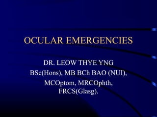 OCULAR EMERGENCIES
DR. LEOW THYE YNG
BSc(Hons), MB BCh BAO (NUI),
MCOptom, MRCOphth,
FRCS(Glasg).
 