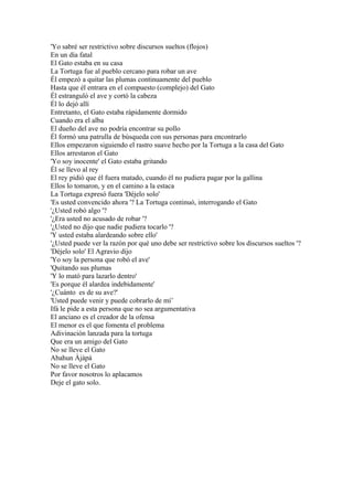 'Yo sabré ser restrictivo sobre discursos sueltos (flojos)
En un día fatal
El Gato estaba en su casa
La Tortuga fue al pueblo cercano para robar un ave
Él empezó a quitar las plumas continuamente del pueblo
Hasta que él entrara en el compuesto (complejo) del Gato
Él estranguló el ave y cortó la cabeza
Él lo dejó allí
Entretanto, el Gato estaba rápidamente dormido
Cuando era el alba
El dueño del ave no podría encontrar su pollo
Él formó una patrulla de búsqueda con sus personas para encontrarlo
Ellos empezaron siguiendo el rastro suave hecho por la Tortuga a la casa del Gato
Ellos arrestaron el Gato
'Yo soy inocente' el Gato estaba gritando
Él se llevo al rey
El rey pidió que él fuera matado, cuando él no pudiera pagar por la gallina
Ellos lo tomaron, y en el camino a la estaca
La Tortuga expresó fuera 'Déjelo solo'
'Es usted convencido ahora '? La Tortuga continuó, interrogando el Gato
'¿Usted robó algo '?
'¿Era usted no acusado de robar '?
'¿Usted no dijo que nadie pudiera tocarlo '?
'Y usted estaba alardeando sobre ello'
'¿Usted puede ver la razón por qué uno debe ser restrictivo sobre los discursos sueltos '?
'Déjelo solo' El Agravio dijo
'Yo soy la persona que robó el ave'
'Quitando sus plumas
'Y lo mató para lazarlo dentro'
'Es porque él alardea indebidamente'
'¿Cuánto es de su ave?'
'Usted puede venir y puede cobrarlo de mí’
Ifá le pide a esta persona que no sea argumentativa
El anciano es el creador de la ofensa
El menor es el que fomenta el problema
Adivinación lanzada para la tortuga
Que era un amigo del Gato
No se lleve el Gato
Abahun Àjàpá
No se lleve el Gato
Por favor nosotros lo aplacamos
Deje el gato solo.
 