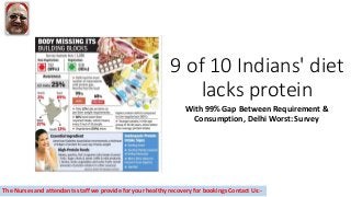 9 of 10 Indians' diet
lacks protein
With 99% Gap Between Requirement &
Consumption, Delhi Worst: Survey
The Nurses and attendants staff we provide for your healthy recovery for bookings Contact Us:-
 