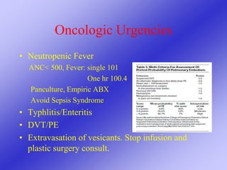 Oncologic Urgencies
• Neutropenic Fever
ANC< 500, Fever: single 101
One hr 100.4
Panculture, Empiric ABX
Avoid Sepsis Syndrome
• Typhlitis/Enteritis
• DVT/PE
• Extravasation of vesicants. Stop infusion and
plastic surgery consult.
 