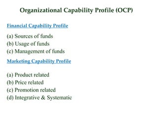 Organizational Capability Profile (OCP)
Financial Capability Profile
(a) Sources of funds
(b) Usage of funds
(c) Management of funds
Marketing Capability Profile
(a) Product related
(b) Price related
(c) Promotion related
(d) Integrative & Systematic
 