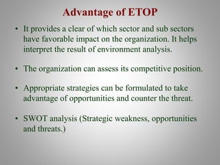 Advantage of ETOP
• It provides a clear of which sector and sub sectors
have favorable impact on the organization. It helps
interpret the result of environment analysis.
• The organization can assess its competitive position.
• Appropriate strategies can be formulated to take
advantage of opportunities and counter the threat.
• SWOT analysis (Strategic weakness, opportunities
and threats.)
 