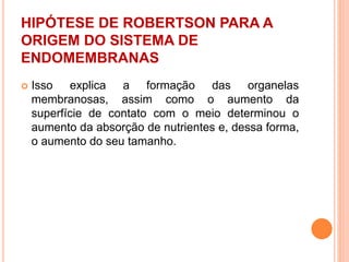 HIPÓTESE DE ROBERTSON PARA A
ORIGEM DO SISTEMA DE
ENDOMEMBRANAS
 Isso explica a formação das organelas
membranosas, assim como o aumento da
superfície de contato com o meio determinou o
aumento da absorção de nutrientes e, dessa forma,
o aumento do seu tamanho.
 