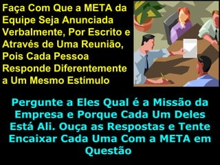 Faça Com Que a META daFaça Com Que a META da
Equipe Seja AnunciadaEquipe Seja Anunciada
Verbalmente, Por Escrito eVerbalmente, Por Escrito e
Através de Uma Reunião,Através de Uma Reunião,
Pois Cada PessoaPois Cada Pessoa
Responde DiferentementeResponde Diferentemente
a Um Mesmo Estímuloa Um Mesmo Estímulo
Pergunte a Eles Qual é a Missão daPergunte a Eles Qual é a Missão da
Empresa e Porque Cada Um DelesEmpresa e Porque Cada Um Deles
Está Ali. Ouça as Respostas e TenteEstá Ali. Ouça as Respostas e Tente
Encaixar Cada Uma Com a META emEncaixar Cada Uma Com a META em
QuestãoQuestão
 