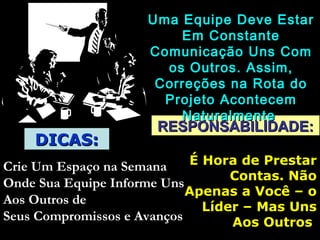 RESPONSABILIDADE:RESPONSABILIDADE:
É Hora de PrestarÉ Hora de Prestar
Contas. NãoContas. Não
Apenas a Você – oApenas a Você – o
Líder – Mas UnsLíder – Mas Uns
Aos OutrosAos Outros
Uma Equipe Deve EstarUma Equipe Deve Estar
Em ConstanteEm Constante
Comunicação Uns ComComunicação Uns Com
os Outros. Assim,os Outros. Assim,
Correções na Rota doCorreções na Rota do
Projeto AcontecemProjeto Acontecem
NaturalmenteNaturalmente
DICAS:DICAS:
Crie Um Espaço na SemanaCrie Um Espaço na Semana
Onde Sua Equipe Informe UnsOnde Sua Equipe Informe Uns
Aos Outros deAos Outros de
Seus Compromissos e AvançosSeus Compromissos e Avanços
 