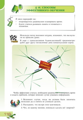 116
В этом параграфе вы:
•	 потренируетесь рационально планировать время;
•	 будете учиться развивать память и готовиться к
экзаменам.
§ 16. СПОСОБЫ
ЭФФЕКТИВНОГО ОБУЧЕНИЯ
Используя метод мозгового штурма, вспомните, что вы изуча-
ли на прошлом уроке.
В паре с одноклассником (одноклассницей) продемонстри­
руйте друг другу составленные дома концептуальные карты.
Чтобы эффективно учиться, необходимо рационально планировать время
и владеть приёмами, которые помогают лучше усваивать информацию.
1.	Вспомните случаи, когда вы должны были закончить
несколько дел и ничего не успевали сделать.
2.	Расскажите, что вы при этом чувствовали.
3.	Что, по вашему мнению, помешало сделать всё вовремя?
ЛОГИК
НЫРЯЛЬЩ
ИК
М
ЕЧТАТЕЛЬ
СТИЛИОБУЧЕНИЯ
ПУТЕШЕСТВЕННИК
 