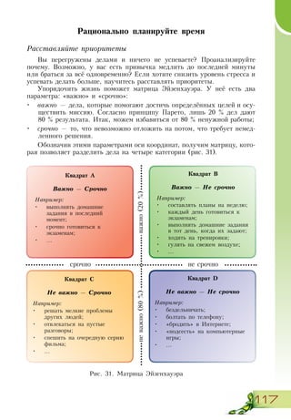 117
Рационально планируйте время
Расставляйте приоритеты
Вы перегружены делами и ничего не успеваете? Проанализируйте
почему. Возможно, у вас есть привычка медлить до последней минуты
или браться за всё одновременно? Если хотите снизить уровень стресса и
успевать делать больше, научитесь расставлять приоритеты.
Упорядочить жизнь поможет матрица Эйзенхауэра. У неё есть два
параметра: «важно» и «срочно»:
•	 важно — дела, которые помогают достичь определённых целей и осу-
ществить миссию. Согласно принципу Парето, лишь 20 % дел дают
80 % результата. Итак, можем избавиться от 80 % ненужной работы;
•	 срочно — то, что невозможно отложить на потом, что требует немед-
ленного решения.
Обозначив этими параметрами оси координат, получим матрицу, кото-
рая позволяет разделить дела на четыре категории (рис. 31).
Рис. 31. Матрица Эйзенхауэра
Квадрат А
Важно — Срочно
Например:
•	 выполнять домашние
задания в последний
момент;
•	 срочно готовиться к
экзаменам;
•	 ...
Квадрат В
Важно — Не срочно
Например:
•	 составлять планы на неделю;
•	 каждый день готовиться к
экзаменам;
•	 выполнять домашние задания
в тот день, когда их задают;
•	 ходить на тренировки;
•	 гулять на свежем воздухе;
•	 ...
Квадрат С
Не важно — Срочно
Например:
•	 решать мелкие проблемы
других людей;
•	 отвлекаться на пустые
разговоры;
•	 спешить на очередную серию
фильма;
•	 ...
Квадрат D
Не важно — Не срочно
Например:
•	 бездельничать;
•	 болтать по телефону;
•	 «бродить» в Интернете;
•	 «подсесть» на компьютерные
игры;
•	 ...
не срочно
важно(20%)
срочно
неважно(80%)
 