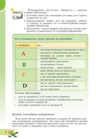 118
Потренируйтесь расставлять приоритеты с помощью
матрицы Эйзенхауэра.
1.	В течение одного дня записывайте все ваши дела и время,
потраченное на них.
2.	Проанализируйте каждое дело по критериям «важно»
и «срочно» и запишите его в соответствующий квадрат
матрицы Эйзенхауэра.
3.	Подсчитайте, в каком квадрате вы «провели» больше всего
времени, и ознакомьтесь со следующей информацией.
Введите календарное планирование
Если хотите больше времени проводить в квадрате В, придётся овла-
деть календарным планированием. Для этого вам понадобится деловой
ежедневник (подойдёт и обычный школьный, только не тот, что для оце-
нок) и 15 минут в выходные плюс 5 минут ежедневно.
Если большинство своего времени вы проводите:
в квадрате... то...
•	 постоянно испытываете напряжение и стресс;
•	 вам грозит эмоциональное выгорание;
•	 несмотря на усилия ваши успехи —
посредственные
•	 контролируете свою жизнь;
•	 поддерживаете баланс;
•	 ваши успехи — выше средних
•	 ваши личные цели не определены;
•	 вам не хватает дисциплины;
•	 у вас репутация безотказного человека;
•	 вы чувствуете, что вас используют
•	 вам не хватает ответственности;
•	 вы часто испытываете чувство вины;
•	 вас все критикуют
Советы Эйзенхауэра:
•	 дела из квадратов С и D можно смело отбросить;
•	 дела из квадрата А можно сократить, своевременно уделяя вни-
мание делам из квадрата В;
•	 регулярно планируйте дела из квадрата В.
А
B
С
D
 