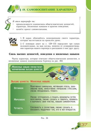 137
§ 19. САМОВОСПИТАНИЕ ХАРАКТЕРА
1.	В парах обменяйтесь номограммами своего характера,
которые вы составили на прошлом уроке.
2.	С помощью анкет на с. 129–135 определите три самых
положительных, на ваш взгляд, момента от усовершенствова-
ния характера вашего партнера и расскажите о них друг другу.
Связь высших ценностей, поведения и жизненных навыков
Черты характера, которые отвечают общечеловеческим ценностям, и
жизненные навыки взаимосвязаны (пример на рис. 36).
В этом параграфе вы:
•	 проанализируете взаимосвязь общечеловеческих ценностей,
характера, жизненных навыков и практик поведения;
•	 начнёте проект самовоспитания.
Жизненные навыки способствуют
формированию высших ценностей
Жизненные навыки:
Позитивная самооценка, мотивация успеха, зака-
ливание воли, эффективное управление стрессами,
умение преодолевать тревогу.
Умение сотрудничать и решать конфликты путём
переговоров, умение слушать и говорить, понимать
и выражать свои чувства, навыки самоконтроля.
Способность к сочувствию, умение слушать и
оказывать поддержку тем, кто в ней нуждается.
Высшие ценности:
Оптимизм
Миролюбие
Чуткость
Рис. 36
 