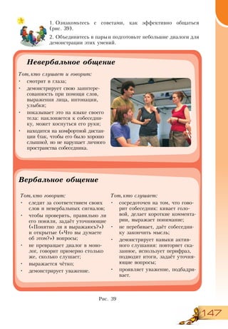 147
1.	Ознакомьтесь с советами, как эффективно общаться
(рис. 39).
2.	Объединитесь в парыи подготовьте небольшие диалоги для
демонстрации этих умений.
Невербальное общение
Тот,кто слушает и говорит:
•	 смотрит в глаза;
•	 демонстрирует свою заинтере-
сованность при помощи слов,
выражения лица, интонации,
улыбки;
•	 показывает это на языке своего
тела: наклоняется к собеседни-
ку, может коснуться его руки;
•	 находится на комфортной дистан-
ции (так, чтобы его было хорошо
слышно), но не нарушает личного
пространства собеседника.
Вербальное общение
Тот,кто говорит:
•	 следит за соответствием своих
слов и невербальных сигналов;
•	 чтобы проверить, правильно ли
его поняли, задаёт уточняющие
(«Понятно ли я выражаюсь?»)
и открытые («Что вы думаете
об этом?») вопросы;
•	 не превращает диалог в моно-
лог, говорит примерно столько
же, сколько слушает;
•	 выражается чётко;
•	 демонстрирует уважение.
Тот,кто слушает:
•	 сосредоточен на том, что гово-
рит собеседник: кивает голо-
вой, делает короткие коммента-
рии, выражает понимание;
•	 не перебивает, даёт собеседни-
ку закончить мысль;
•	 демонстрирует навыки актив-
ного слушания: повторяет ска-
занное, использует перифраз,
подводит итоги, задаёт уточня-
ющие вопросы;
•	 проявляет уважение, подбадри-
вает.
Рис. 39
 