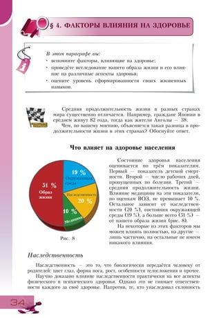 3434
§ 4. ФАКТОРЫ ВЛИЯНИЯ НА ЗДОРОВЬЕ
Средняя продолжительность жизни в разных странах
мира существенно отличается. Например, граждане Японии в
среднем живут 82 года, тогда как жители Анголы — 38.
Чем, по вашему мнению, объясняется такая разница в про-
должительности жизни в этих странах? Обоснуйте ответ.
Что влияет на здоровье населения
Состояние здоровья населения
оценивается по трём показателям.
Первый — показатель детской смерт-
ности. Второй — число рабочих дней,
пропущенных по болезни. Третий —
средняя продолжительность жизни.
Влияние медицины на эти показатели,
по оценкам ВОЗ, не превышает 10 %.
Остальное зависит от наследствен-
ности (20 %), состояния окружающей
среды (19 %), а больше всего (51 %) —
от нашего образа жизни (рис. 8).
На некоторые из этих факторов мы
можем влиять полностью, на другие —
лишь частично, на остальные не имеем
никакого влияния.
Наследственность
Наследственность — это то, что биологически передаётся человеку от
родителей: цвет глаз, форма носа, рост, особенности телосложения и прочее.
Научно доказано влияние наследственности практически на все аспекты
физического и психического здоровья. Однако это не снимает ответствен-
ности каждого за своё здоровье. Напротив, те, кто унаследовал склонность
В этом параграфе вы:
•	 вспомните факторы, влияющие на здоровье;
•	 проведёте исследование вашего образа жизни и его влия-
ние на различные аспекты здоровья;
•	 оцените уровень сформированности своих жизненных
навыков.
51 %
19 %
10 %
20 %
Образ
жизни
Окружающая
среда
Наследственность
Медицина
Рис. 8
 