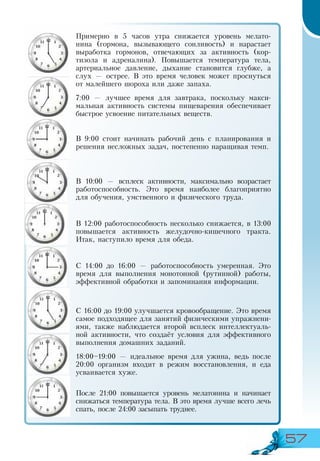57
Примерно в 5 часов утра снижается уровень мелато-
нина (гормона, вызывающего сонливость) и нарастает
выработка гормонов, отвечающих за активность (кор-
тизола и адреналина). Повышается температура тела,
артериальное давление, дыхание становится глубже, а
слух — острее. В это время человек может проснуться
от малейшего шороха или даже запаха.
7:00 — лучшее время для завтрака, поскольку макси-
мальная активность системы пищеварения обеспечивает
быстрое усвоение питательных веществ.
В 9:00 стоит начинать рабочий день с планирования и
решения несложных задач, постепенно наращивая темп.
В 10:00 — всплеск активности, максимально возрастает
работоспособность. Это время наиболее благоприятно
для обучения, умственного и физического труда.
В 12:00 работоспособность несколько снижается, в 13:00
повышается активность желудочно-кишечного тракта.
Итак, наступило время для обеда.
С 14:00 до 16:00 — работоспособность умеренная. Это
время для выполнения монотонной (рутинной) работы,
эффективной обработки и запоминания информации.
С 16:00 до 19:00 улучшается кровообращение. Это время
самое подходящее для занятий физическими упражнени-
ями, также наблюдается второй всплеск интеллектуаль-
ной активности, что создаёт условия для эффективного
выполнения домашних заданий.
18:00–19:00 — идеальное время для ужина, ведь после
20:00 организм входит в режим восстановления, и еда
усваивается хуже.
После 21:00 повышается уровень мелатонина и начинает
снижаться температура тела. В это время лучше всего лечь
спать, после 24:00 засыпать труднее.
 