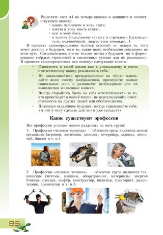 96
Разделите лист А4 на четыре окошка и запишите в соответ-
ствующем окошке:
•	каким человеком я хочу стать;
•	какую я хочу иметь семью;
•	кем я хочу быть;
•	к какому социальному статусу я стремлюсь (руководи-
тель, подчинённый, лидер, член команды...).
В процессе самоопределения человек осознаёт не только то, чего
хочет достичь в будущем, но и то, какие шаги необходимо совершить на
этом пути. Следовательно, это не только мечты о будущем, но и форми-
рование твёрдых стремлений и ежедневные усилия для их реализации.
В процессе самоопределения вам помогут следующие советы:
•	 Относитесь к своей жизни как к уникальному и очень
ответственному шансу реализовать себя.
•	 Не зацикливайтесь преждевременно на чём-то одном,
дайте волю своему воображению, примеряйте разные
социальные роли и развивайте необходимые для их
выполнения жизненные навыки.
•	 Всегда старайтесь брать на себя ответственность за то,
что происходит в вашей жизни, не перекладывайте ответ-
ственность на других людей или обстоятельства.
•	 Планируя отдалённое будущее, всегда спрашивайте себя:
«А что я могу сделать для этого уже сегодня?»
Какие существуют профессии
Все профессии условно можно разделить на пять групп:
1.	 Профессии «человек–природа» — объектом труда являются живые
организмы (агроном, зоотехник, кинолог, ветеринар, садовод, лесни-
чий, биолог и т. п.).
2.	 Профессии «человек–техника» — объектом труда являются тех-
нические системы, машины, оборудование, материалы, энергия
(токарь, слесарь, шофёр, конструктор, инженер, тракторист, радио-
техник, архитектор и т. п.).
 