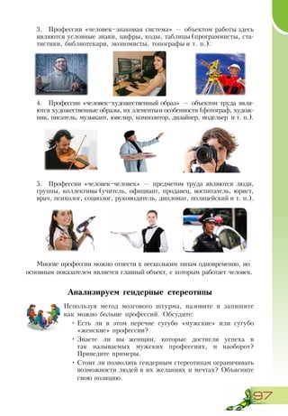 97
3.	 Профессии «человек–знаковая система» — объектом работы здесь
являются условные знаки, цифры, коды, таблицы (программисты, ста-
тистики, библиотекари, экономисты, топографы и т. п.).
4.	 Профессии «человек–художественный образ» — объектом труда явля-
ются художественные образы, их элементыи особенности (фотограф, худож-
ник, писатель, музыкант, ювелир, композитор, дизайнер, модельер и т. п.).
5.	 Профессии «человек–человек» — предметом труда являются люди,
группы, коллективы (учитель, официант, продавец, воспитатель, юрист,
врач, психолог, социолог, руководитель, дипломат, полицейский и т. п.).
Многие профессии можно отнести к нескольким типам одновременно, но
основным показателем является главный объект, с которым работает человек.
Анализируем гендерные стереотипы
Используя метод мозгового штурма, назовите и запишите
как можно больше профессий. Обсудите:
•	Есть ли в этом перечне сугубо «мужские» или сугубо
«женские» профессии?
•	Знаете ли вы женщин, которые достигли успеха в
так называемых мужских профессиях, и наоборот?
Приведите примеры.
•	Стоит ли позволять гендерным стереотипам ограничивать
возможности людей в их желаниях и мечтах? Объясните
свою позицию.
 