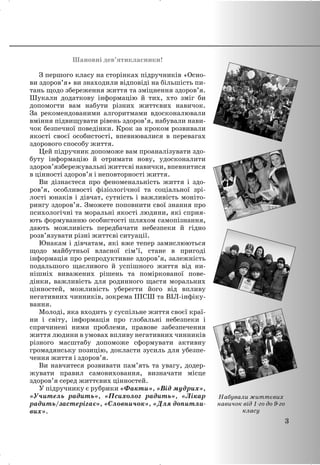 3
Шановні дев’ятикласники!
З першого класу на сторінках підручників «Осно-
ви здоров’я» ви знаходили відповіді на більшість пи-
тань щодо збереження життя та зміцнення здоров’я.
Шукали додаткову інформацію й тих, хто зміг би
допомогти вам набути різних життєвих навичок.
За рекомендованими алгоритмами вдосконалювали
вміння підвищувати рівень здоров’я, набували нави-
чок безпечної поведінки. Крок за кроком розвивали
якості своєї особистості, впевнювалися в перевагах
здорового способу життя.
Цей підручник допоможе вам проаналізувати здо-
буту інформацію й отримати нову, удосконалити
здоров’язбережувальні життєві навички, впевнитися
в цінності здоров’я і неповторності життя.
Ви дізнаєтеся про феноменальність життя і здо-
ров’я, особливості фізіологічної та соціальної зрі-
лості юнаків і дівчат, сутність і важливість моніто-
рингу здоров’я. Зможете поповнити свої знання про
психологічні та моральні якості людини, які сприя-
ють формуванню особистості шляхом самопізнання,
дають можливість передбачати небезпеки й гідно
розв’язувати різні життєві ситуації.
Юнакам і дівчатам, які вже тепер замислюються
щодо майбутньої власної сім’ї, стане в пригоді
інформація про репродуктивне здоров’я, залежність
подальшого щасливого й успішного життя від ни-
нішніх виважених рішень та поміркованої пове-
дінки, важливість для родинного щастя моральних
цінностей, можливість уберегти його від впливу
негативних чинників, зокрема ІПСШ та ВІЛ-інфіку-
вання.
Мoлоді, яка входить у суспільне життя своєї краї-
ни і світу, інформація про глобальні небезпеки і
спричинені ними проблеми, правове забезпечення
життя людини в умовах впливу негативних чинників
різного масштабу допоможе сформувати активну
громадянську позицію, докласти зусиль для убезпе-
чення життя і здоров’я.
Ви навчитеся розвивати пам’ять та увагу, додер-
жувати правил самовиховання, визначати місце
здоров’я серед життєвих цінностей.
У підручнику є рубрики «Факти», «Від мудрих»,
«Учитель радить», «Психолог радить», «Лікар
радить/застерігає», «Словничок», «Для допитли-
вих».
Набували життєвих
навичок від 1-го до 9-го
класу
 