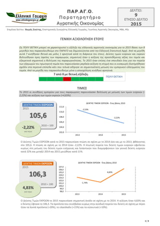 ΠΑΡ.ΑΓ.Ο.
Π α ρα τ η ρ ητ ή ρ ιο
Αγροτικής Οικονομίας
ΔΕΛΤΙΟ:
9
ΕΤΗΣΙΟ ΔΕΛΤΙΟ
2015
Επιμέλεια δελτίου: Θωμάς Σιούτης, Επιστημονικός Συνεργάτης Ελληνικής Γεωργίας, Γεωπόνος Αγροτικής Οικονομίας, MBA, MSc
1 / 3
ΓΕΝΙΚΗ ΑΞΙΟΛΟΓΗΣΗ ΕΤΟΥΣ
Ως ΠΟΛΥ ΘΕΤΙΚΗ μπορεί να χαρακτηριστεί η εξέλιξη της ελληνικής αγροτικής οικονομίας για το 2015 βάσει των 8
μεγεθών που παρακολουθούμε στο ΠΑΡΑΓΟ και δημοσιεύονται από την Ελληνική Στατιστική Αρχή. Από τα μεγέθη
αυτά 7 κινήθηκαν θετικά και μόλις 1 αρνητικά κατά τη διάρκεια του έτους. Δείκτες τιμών εισροών και εκροών
βελτιώθηκαν προς όφελος των παραγωγών, σημαντική ήταν η αύξηση της προστιθέμενης αξίας του τομέα και
εξαιρετικά σημαντική η βελτίωση της παραγωγικότητας. Το 2015 ήταν επίσης ένα σπουδαίο έτος για την πορεία
των εξαγωγών του πρωτογενή τομέα που παρουσίασαν ραγδαία αύξηση τη στιγμή που οι εισαγωγές διατηρήθηκαν
σχεδόν στα περσινά επίπεδα κάτι που τελικά οδήγησε σε σημαντικότατη μείωση του εμπορικού ελλείμματος του
τομέα. Από τα μεγέθη που παρακολουθούμε μόνο η απασχόληση κινήθηκε αρνητικά.
7 από 8 με θετική εξέλιξη.
ΠΟΛΥ ΘΕΤΙΚΗ1 1 1 0 1 1 1 1
ΤΙΜΕΣ
Το 2015 οι συνθήκες εμπορίου για τους παραγωγούς παρουσίασαν βελτίωση με μείωση των τιμών εισροών (-
2,22%) και αύξηση των τιμών εκροών (+4,83%).
Ο Δείκτης Τιμών ΕΙΣΡΟΩΝ κατά το 2015 παρουσίασε πτώση σε σχέση με το 2014 όσο και με το 2013, φθάνοντας
στο 105,6. Η πτώση σε σχέση με το 2014 ήταν -2,22%. Η πτωτική πορεία του δείκτη τιμών εισροών οφείλεται
κυρίως στη μείωση του δείκτη τιμών ενέργειας και λιπαντικών που διαμορφώνουν τον γενικό δείκτη εισροών
κατά 22% και μεταξύ 2014 και 2015 μειώθηκε κατά 11%.
Ο Δείκτης Τιμών ΕΚΡΟΩΝ το 2015 παρουσίασε σημαντική άνοδο σε σχέση με το 2014. Η αύξηση ήταν 4,83% και
ο δείκτης έφτασε το 106,3. Τα προϊόντα που συνέβαλαν κυρίως στην ανοδική πορεία του δείκτη σε σχέση με πέρσι
ήταν τα λοιπά προϊόντα (+20%), το ελαιόλαδο (+15%) και τα κηπευτικά (+10%).
-2,53%
-2,22%
-2,60%
-2,50%
-2,40%
-2,30%
-2,20%
-2,10%
-2,00%
102,0
104,0
106,0
108,0
110,0
112,0
2013 2014 2015
ΔΕΙΚΤΗΣ ΤΙΜΩΝ ΕΙΣΡΟΩΝ - Έτος βάσης 2010
-1,74%
4,83%
-3,00%
-2,00%
-1,00%
0,00%
1,00%
2,00%
3,00%
4,00%
5,00%
6,00%
98,0
99,0
100,0
101,0
102,0
103,0
104,0
105,0
106,0
107,0
2013 2014 2015
ΔΕΙΚΤΗΣ ΤΙΜΩΝ ΕΚΡΟΩΝ - Έτος βάσης 2010
ΔΕΙΚΤΗΣ ΤΙΜΩΝ ΕΙΣΡΟΩΝ
2015
105,6
2010 = 100
-2,22%
από πέρσι
ΔΕΙΚΤΗΣ ΤΙΜΩΝ ΕΚΡΟΩΝ
2015
106,3
2010 = 100
4,83%
από πέρσι
 