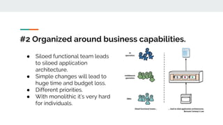 #2 Organized around business capabilities.
● Siloed functional team leads
to siloed application
architecture.
● Simple changes will lead to
huge time and budget loss.
● Different priorities.
● With monolithic it’s very hard
for individuals.
 