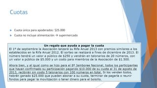 Cuotas
 Cuota única para apoderados: $25.000
 Cuota no incluye alimentación  supermercado
 