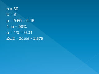 n = 60
X = 9
p = 9:60 = 0.15
1- α = 99%
α = 1% = 0.01
Zα/2 = Z0.005 = 2.575
 