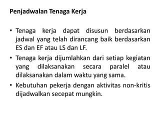 Penjadwalan Tenaga Kerja
• Tenaga kerja dapat disusun berdasarkan
jadwal yang telah dirancang baik berdasarkan
ES dan EF atau LS dan LF.
• Tenaga kerja dijumlahkan dari setiap kegiatan
yang dilaksanakan secara paralel atau
dilaksanakan dalam waktu yang sama.
• Kebutuhan pekerja dengan aktivitas non-kritis
dijadwalkan secepat mungkin.
 