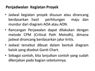 • Jadwal kegiatan proyek disusun atau dirancang
berdasarkan hasil perhitungan maju dan
mundur dari diagram AOA atau AON.
• Rancangan Perjawalan dapat dilakukan dengan
metode CPM (Critical Path Metodh), dimana
jadwal dirancang berdasarkan jalur kritis.
• Jadwal tersebut dibuat dalam bentuk diagram
balok yang disebut Gantt Chart.
• Sebagai contoh, kita lanjutkan contoh yang sudah
dikerjakan pada bagian sebelumnya.
Penjadwalan Kegiatan Proyek
 