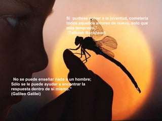 Si  pudiese volver a la juventud, cometería todos aquellos errores de nuevo, solo que más temprano."  (Tallulah Bankhead) “ No se puede enseñar nada a un hombre;  Sólo se le puede ayudar a encontrar la respuesta dentro de sí mismo." (Galileo Galilei) 
