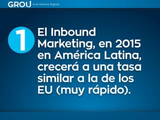 El Inbound
Marketing, en 2015
en América Latina,
crecerá a una tasa
similar a la de los
EU (muy rápido).
1
 
