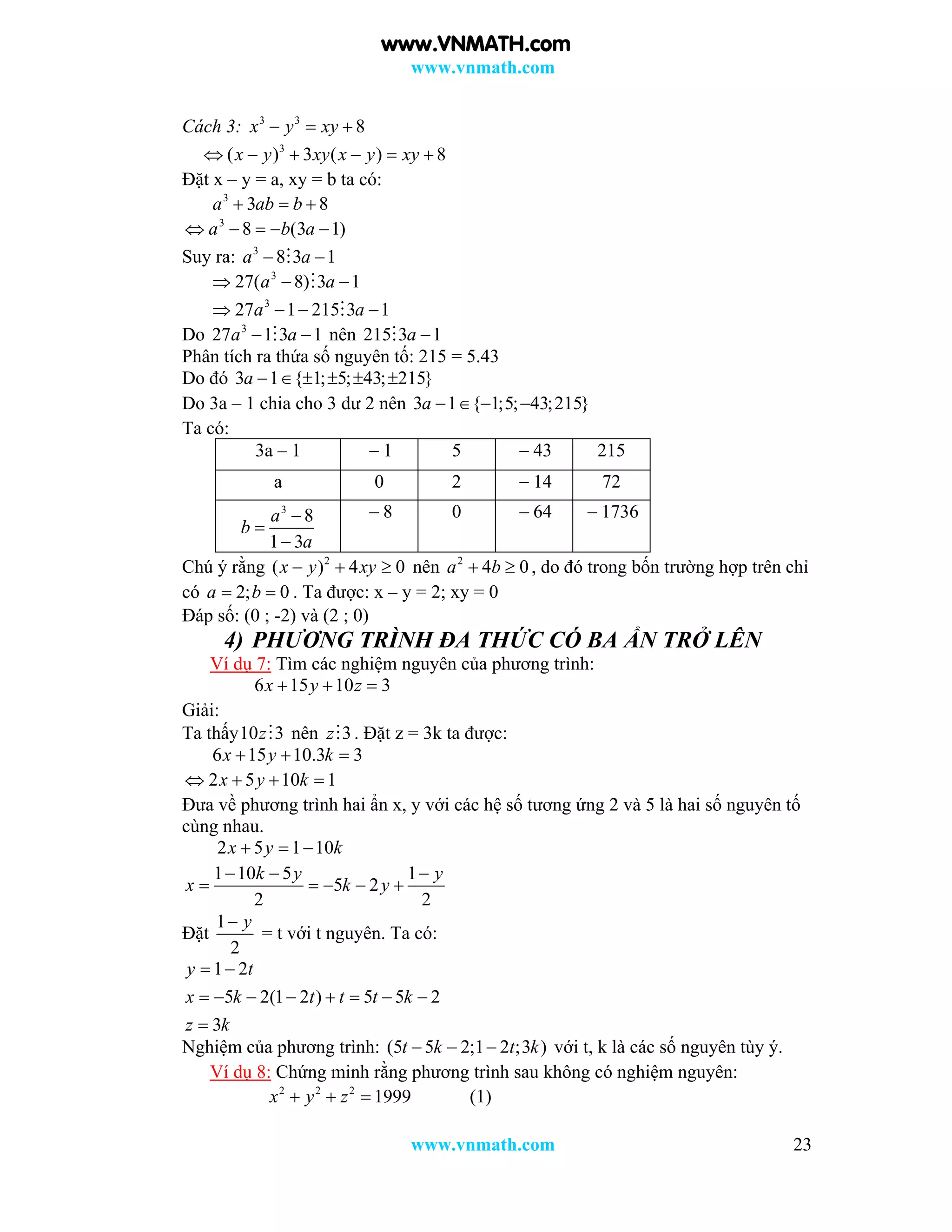 www.vnmath.com
www.vnmath.com 23
Cách 3: 3 3
8x y xy  
3
( ) 3 ( ) 8x y xy x y xy     
Đặt x – y = a, xy = b ta có:
3
3 8a ab b  
3
8 (3 1)a b a    
Suy ra: 3
8 3 1a a 
3
27( 8) 3 1a a  
3
27 1 215 3 1a a   
Do 3
27 1 3 1a a  nên 215 3 1a 
Phân tích ra thứa số nguyên tố: 215 = 5.43
Do đó 3 1 { 1; 5; 43; 215}a      
Do 3a – 1 chia cho 3 dư 2 nên 3 1 { 1;5; 43;215}a    
Ta có:
3a – 1  1 5  43 215
a 0 2  14 72
3
8
1 3
a
b
a



 8 0  64  1736
Chú ý rằng 2
( ) 4 0x y xy   nên 2
4 0a b  , do đó trong bốn trường hợp trên chỉ
có 2; 0a b  . Ta được: x – y = 2; xy = 0
Đáp số: (0 ; -2) và (2 ; 0)
4) PHƯƠNG TRÌNH ĐA THỨC CÓ BA ẨN TRỞ LÊN
Ví dụ 7: Tìm các nghiệm nguyên của phương trình:
6 15 10 3x y z  
Giải:
Ta thấy10 3z nên 3z . Đặt z = 3k ta được:
6 15 10.3 3x y k  
2 5 10 1x y k   
Đưa về phương trình hai ẩn x, y với các hệ số tương ứng 2 và 5 là hai số nguyên tố
cùng nhau.
2 5 1 10x y k  
1 10 5 1
5 2
2 2
k y y
x k y
  
    
Đặt
1
2
y
= t với t nguyên. Ta có:
1 2
5 2(1 2 ) 5 5 2
3
y t
x k t t t k
z k
 
       

Nghiệm của phương trình: (5 5 2;1 2 ;3 )t k t k   với t, k là các số nguyên tùy ý.
Ví dụ 8: Chứng minh rằng phương trình sau không có nghiệm nguyên:
2 2 2
1999x y z   (1)
www.VNMATH.com
 