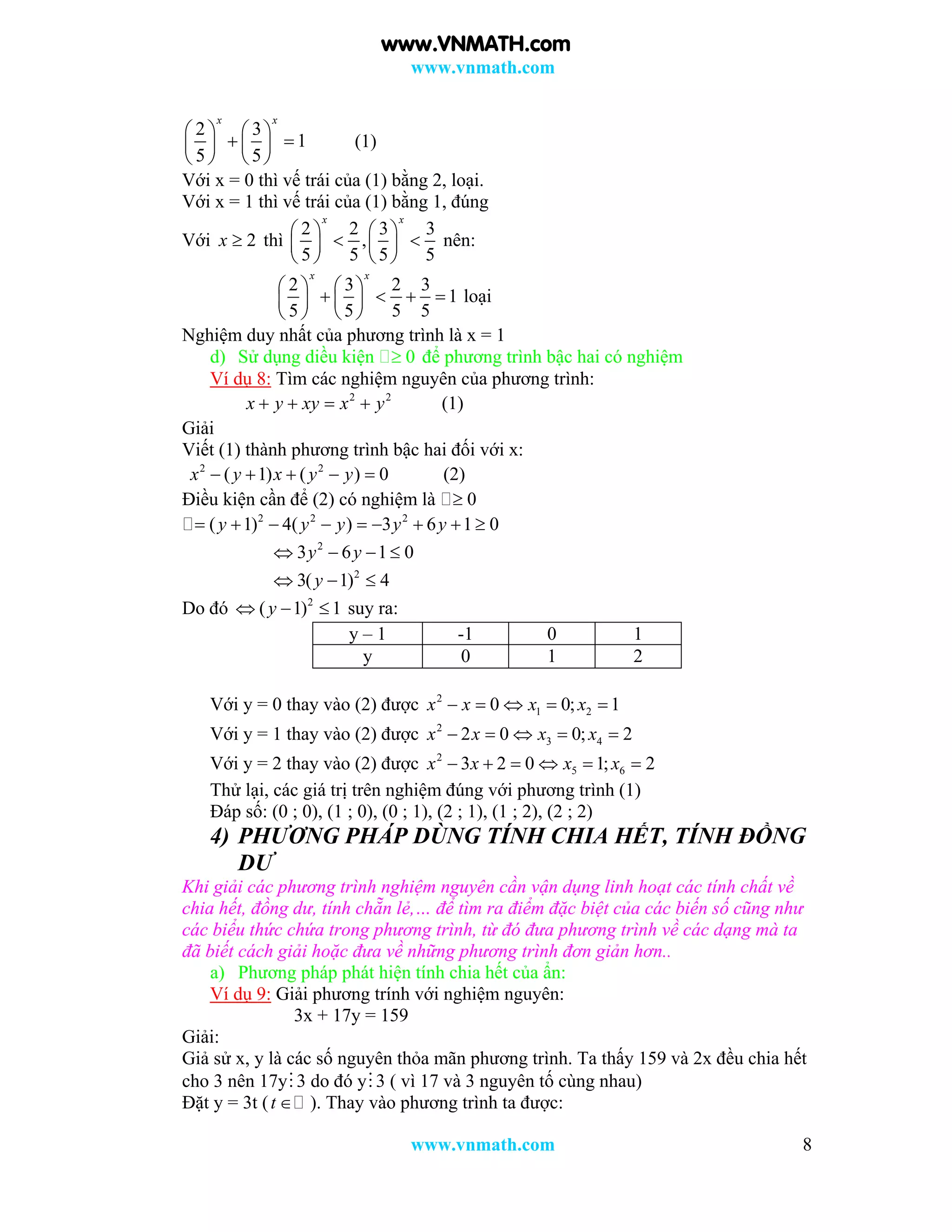 www.vnmath.com
www.vnmath.com 8
2 3
1
5 5
x x
   
    
   
(1)
Với x = 0 thì vế trái của (1) bằng 2, loại.
Với x = 1 thì vế trái của (1) bằng 1, đúng
Với 2x  thì
2 2 3 3
,
5 5 5 5
x x
   
    
   
nên:
2 3 2 3
1
5 5 5 5
x x
   
      
   
loại
Nghiệm duy nhất của phương trình là x = 1
d) Sử dụng diều kiện 0 để phương trình bậc hai có nghiệm
Ví dụ 8: Tìm các nghiệm nguyên của phương trình:
2 2
x y xy x y    (1)
Giải
Viết (1) thành phương trình bậc hai đối với x:
2 2
( 1) ( ) 0x y x y y     (2)
Điều kiện cần để (2) có nghiệm là 0
2 2 2
( 1) 4( ) 3 6 1 0y y y y y        
2
3 6 1 0y y   
2
3( 1) 4y  
Do đó 2
( 1) 1y   suy ra:
y – 1 -1 0 1
y 0 1 2
Với y = 0 thay vào (2) được 2
1 20 0; 1x x x x    
Với y = 1 thay vào (2) được 2
3 42 0 0; 2x x x x    
Với y = 2 thay vào (2) được 2
5 63 2 0 1; 2x x x x     
Thử lại, các giá trị trên nghiệm đúng với phương trình (1)
Đáp số: (0 ; 0), (1 ; 0), (0 ; 1), (2 ; 1), (1 ; 2), (2 ; 2)
4) PHƯƠNG PHÁP DÙNG TÍNH CHIA HẾT, TÍNH ĐỒNG
DƯ
Khi giải các phương trình nghiệm nguyên cần vận dụng linh hoạt các tính chất về
chia hết, đồng dư, tính chẵn lẻ,… để tìm ra điểm đặc biệt của các biến số cũng như
các biểu thức chứa trong phương trình, từ đó đưa phương trình về các dạng mà ta
đã biết cách giải hoặc đưa về những phương trình đơn giản hơn..
a) Phương pháp phát hiện tính chia hết của ẩn:
Ví dụ 9: Giải phương trính với nghiệm nguyên:
3x + 17y = 159
Giải:
Giả sử x, y là các số nguyên thỏa mãn phương trình. Ta thấy 159 và 2x đều chia hết
cho 3 nên 17y3 do đó y3 ( vì 17 và 3 nguyên tố cùng nhau)
Đặt y = 3t (t  ). Thay vào phương trình ta được:
www.VNMATH.com
 