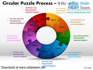 Circular Puzzle Process – 9 Stages
                         •    Your Text here                  •     Your Text Goes here
                         •    Download this                   •     Download this
                              awesome diagram                       awesome diagram


     •   Put Your Text here                   Text 9       Text 1                     •   Put Text Goes here
     •   Download this
                                                                                      •   Download this
         awesome diagram
                                                                                          awesome diagram
                                  Text 8
                                                                        Text 2



 •   Your Text here             Text 7                                                    •   Your Text Goes here
 •   Download this                                                           Text 3       •   Download this
     awesome diagram                                                                          awesome diagram

                                     Text 6
                                                                    Text 4
         •   Put Text here                        Text 5                         •    Put Your Text here
         •   Download this                                                       •    Download this
             awesome diagram                                                          awesome diagram

                                              •   Your Text here
                                              •   Download this
                                                  awesome diagram
Download at www.slideteam.net                                                                              Your Logo
 