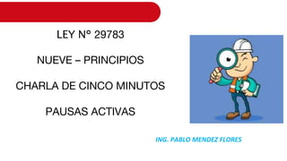 LEY N° 29783
NUEVE – PRINCIPIOS
CHARLA DE CINCO MINUTOS
PAUSAS ACTIVAS
ING. PABLO MENDEZ FLORES
 