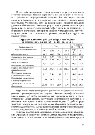 167
Модель «бюджетирование, ориентированное на результаты» пред-
полагает следующее. Бюджет формируется исходя из целей и планируе-
мых результатов государственной политики. Расходы имеют четкую
привязку к функциям, программам, услугам, видам деятельности обра-
зовательных учреждений. При их планировании основное внимание
уделяется обоснованию конечных результатов в рамках целевых про-
грамм с точки зрения экономической эффективности их достижения и
социальной значимости. Приоритет отдается упреждающему внутрен-
нему контролю, ответственность за принятие решений делегируется на
нижние уровни.
Структура и динамика расходов федерального бюджета
на образование за период с 2011 по 2014 гг., млрд р.
Статьи расходов
по разделу «Образование»
Годы
Изменение
2014 г./2011 г.
2011 2012 2013 2014
млрд
р.
%
Образование, всего 560,0 603,5 558,9 499,5 –60,5 89,2
Дошкольное образование 5,48 6,77 7,04 6,03 +0,55 110,0
Общее образование 55,68 91,61 67,34 30,33 –25,35 54,5
Проф. подготовка и
повышение квалификации
7,34 7,13 8,09 7,44 +0,1 101,4
Высшее и послевузовское
профобразование
405,4 437,91 434,18 431,65 +26,25 106,5
Молодежная политика
и оздоровление детей
0,83 5,45 5,41 5,52 +4,69 665,1
Прикладные исследования
в области образования
21,84 20,57 6,2 0,74 –21,1 3,39
Другие вопросы в области
образования
25,81 24,47 22,06 9,19 –16,62 35,6
Зарубежный опыт подтверждает успешность бюджетного финанси-
рования, ориентированного на результат. Однако, специфика высшей
школы такова, что любое уменьшение государственных затрат в сфере
образования может снизить доступность качественного обучения и в
конечном счете привести лишь к уменьшению отдачи. Подобного рода
экономия государственных средств может обернуться экономическими
потерями для общества. Плохо подготовленный в профессии специалист
непригоден для перехода к инновационной экономике.
Наиболее проблемным моментом в модели финансового обеспече-
ния учреждений бюджетной сферы является отсутствие прозрачности,
мониторинга и ответственности за использованием денежных средств
 