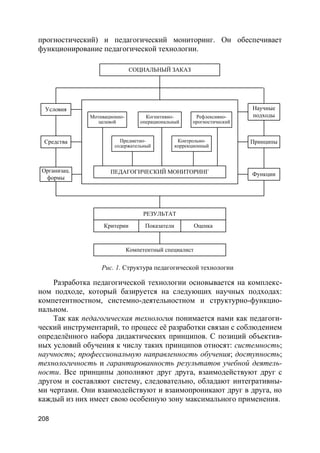 208
прогностический) и педагогический мониторинг. Он обеспечивает
функционирование педагогической технологии.
ПЕДАГОГИЧЕСКИЙ МОНИТОРИНГ
Условия
Функции
Средства
Компетентный специалист
Мотивационно-
целевой
Предметно-
содержательный
Когнитивно-
операциональный
Контрольно-
коррекционный
Рефлексивно-
прогностический
СОЦИАЛЬНЫЙ ЗАКАЗ
Принципы
Научные
подходы
Организац.
формы
РЕЗУЛЬТАТ
Критерии Показатели Оценка
Рис. 1. Структура педагогической технологии
Разработка педагогической технологии основывается на комплекс-
ном подходе, который базируется на следующих научных подходах:
компетентностном, системно-деятельностном и структурно-функцио-
нальном.
Так как педагогическая технология понимается нами как педагоги-
ческий инструментарий, то процесс её разработки связан с соблюдением
определённого набора дидактических принципов. С позиций объектив-
ных условий обучения к числу таких принципов относят: системность;
научность; профессиональную направленность обучения; доступность;
технологичность и гарантированность результатов учебной деятель-
ности. Все принципы дополняют друг друга, взаимодействуют друг с
другом и составляют систему, следовательно, обладают интегративны-
ми чертами. Они взаимодействуют и взаимопроникают друг в друга, но
каждый из них имеет свою особенную зону максимального применения.
 