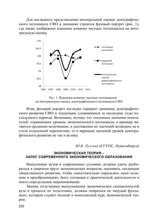 222
Для наглядного представления интегральной оценки демографиче-
ского потенциала СФО в динамике строится фазовый портрет (рис. 1),
где также изображено взаимное влияние частных потенциалов на инте-
гральную оценку
Рис. 1. Взаимное влияние частных потенциалов
на интегральную оценку демографического потенциала СФО
Итак, фазовый портрет наглядно отражает динамику демографиче-
ского развития СФО и тенденции, сложившиеся за последние годы ис-
следуемого периода. Возможно, потому что эталонные значения показа-
телей, отражающих уровень экономического потенциала, в примере яв-
ляются средними величинами, и достижение их значений возможно не в
столь отдаленной перспективе, то и вариация значений уровня демогра-
фического развития не так и велика.
Ю.В. Лузгина (СГУПС, Новосибирск)
ЭКОНОМИЧЕСКАЯ ТЕОРИЯ –
ЗАЛОГ СОВРЕМЕННОГО ЭКОНОМИЧЕСКОГО ОБРАЗОВАНИЯ
Выпускники вузов в современных условиях должны уметь разби-
раться в широком круге экономических вопросов, оценивать тенденции
общественного развития, чтобы самостоятельно определять свою пози-
цию в преобразованиях, быть готовыми к практической деятельности и
иметь определенное миропонимание.
Знания, получаемые выпускниками экономических специальностей
вуза в процессе их подготовки, должны опираться на твердый фунда-
мент, которым служит полный и комплексный курс экономической тео-
рии.
 