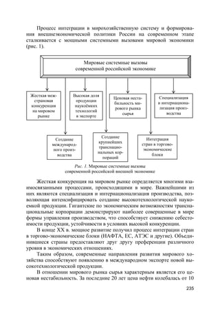235
Процесс интеграции в мирохозяйственную систему и формирова-
ния внешнеэкономической политики России на современном этапе
сталкивается с мощными системными вызовами мировой экономики
(рис. 1).
Рис. 1. Мировые системные вызовы
современной российской внешней экономике
Жесткая конкуренция на мировом рынке определяется многими вза-
имосвязанными процессами, происходящими в мире. Важнейшими из
них являются специализация и интернационализация производства, поз-
воляющая интенсифицировать создание высокотехнологической науко-
емкой продукции. Гигантские по экономическим возможностям трансна-
циональные корпорации демонстрируют наиболее совершенные в мире
формы управления производством, что способствует снижению себесто-
имости продукции, устойчивости в условиях высокой конкуренции.
В конце XX в. мощное развитие получил процесс интеграции стран
в торгово-экономические блоки (НАФТА, ЕС, АТЭС и другие). Объеди-
нившиеся страны предоставляют друг другу преференции различного
уровня в экономических отношениях.
Таким образом, современные направления развития мирового хо-
зяйства способствуют появлению в международном экспорте новой вы-
сокотехнологической продукции.
В отношении мирового рынка сырья характерным является его це-
новая нестабильность. За последние 20 лет цена нефти колебалась от 10
Мировые системные вызовы
современной российской экономике
Жесткая меж-
страновая
конкуренция
на мировом
рынке
Высокая доля
продукции
наукоёмких
технологий
в экспорте
Ценовая неста-
бильность ми-
рового рынка
сырья
Специализация
и интернациона-
лизация произ-
водства
Создание
международ-
ного произ-
водства
Создание
крупнейших
транснацио-
нальных кор-
пораций
Интеграция
стран в торгово-
экономические
блоки
 
