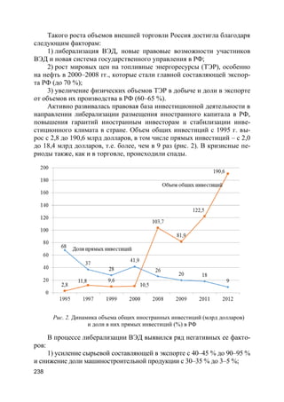 238
Такого роста объемов внешней торговли Россия достигла благодаря
следующим факторам:
1) либерализация ВЭД, новые правовые возможности участников
ВЭД и новая система государственного управления в РФ;
2) рост мировых цен на топливные энергоресурсы (ТЭР), особенно
на нефть в 2000–2008 гг., которые стали главной составляющей экспор-
та РФ (до 70 %);
3) увеличение физических объемов ТЭР в добыче и доли в экспорте
от объемов их производства в РФ (60–65 %).
Активно развивалась правовая база инвестиционной деятельности в
направлении либерализации размещения иностранного капитала в РФ,
повышения гарантий иностранным инвесторам и стабилизации инве-
стиционного климата в стране. Объем общих инвестиций с 1995 г. вы-
рос с 2,8 до 190,6 млрд долларов, в том числе прямых инвестиций – с 2,0
до 18,4 млрд долларов, т.е. более, чем в 9 раз (рис. 2). В кризисные пе-
риоды также, как и в торговле, происходили спады.
Рис. 2. Динамика объема общих иностранных инвестиций (млрд долларов)
и доли в них прямых инвестиций (%) в РФ
В процессе либерализации ВЭД выявился ряд негативных ее факто-
ров:
1) усиление сырьевой составл