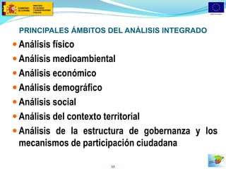 PRINCIPALES ÁMBITOS DEL ANÁLISIS INTEGRADO 
Análisis físico 
Análisis medioambiental 
Análisis económico 
Análisis demográfico 
Análisis social 
Análisis del contexto territorial 
Análisis de la estructura de gobernanza y los mecanismos de participación ciudadana 
15  