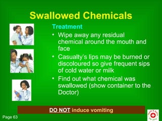Swallowed Chemicals
              Treatment
              • Wipe away any residual
                chemical around the mouth and
                face
              • Casualty’s lips may be burned or
                discoloured so give frequent sips
                of cold water or milk
              • Find out what chemical was
                swallowed (show container to the
                Doctor)

             DO NOT induce vomiting
Page 63
 
