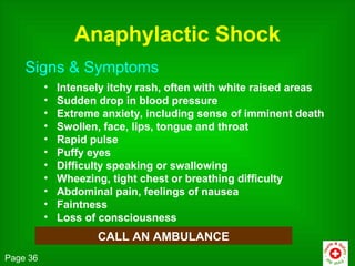 Anaphylactic Shock
    Signs & Symptoms
          •   Intensely itchy rash, often with white raised areas
          •   Sudden drop in blood pressure
          •   Extreme anxiety, including sense of imminent death
          •   Swollen, face, lips, tongue and throat
          •   Rapid pulse
          •   Puffy eyes
          •   Difficulty speaking or swallowing
          •   Wheezing, tight chest or breathing difficulty
          •   Abdominal pain, feelings of nausea
          •   Faintness
          •   Loss of consciousness
                     CALL AN AMBULANCE
Page 36
 