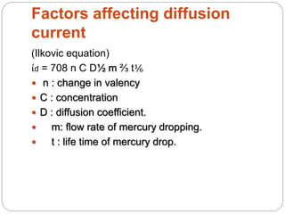 Factors affecting diffusion
current
(Ilkovic equation)
ίd = 708 n C D½ m ⅔ t⅙
 n : change in valency
 C : concentration
 D : diffusion coefficient.
 m: flow rate of mercury dropping.
 t : life time of mercury drop.
 