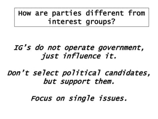 How are parties different from
interest groups?

IG‟s do not operate government,
just influence it.
Don‟t select political candidates,
but support them.
Focus on single issues.

 